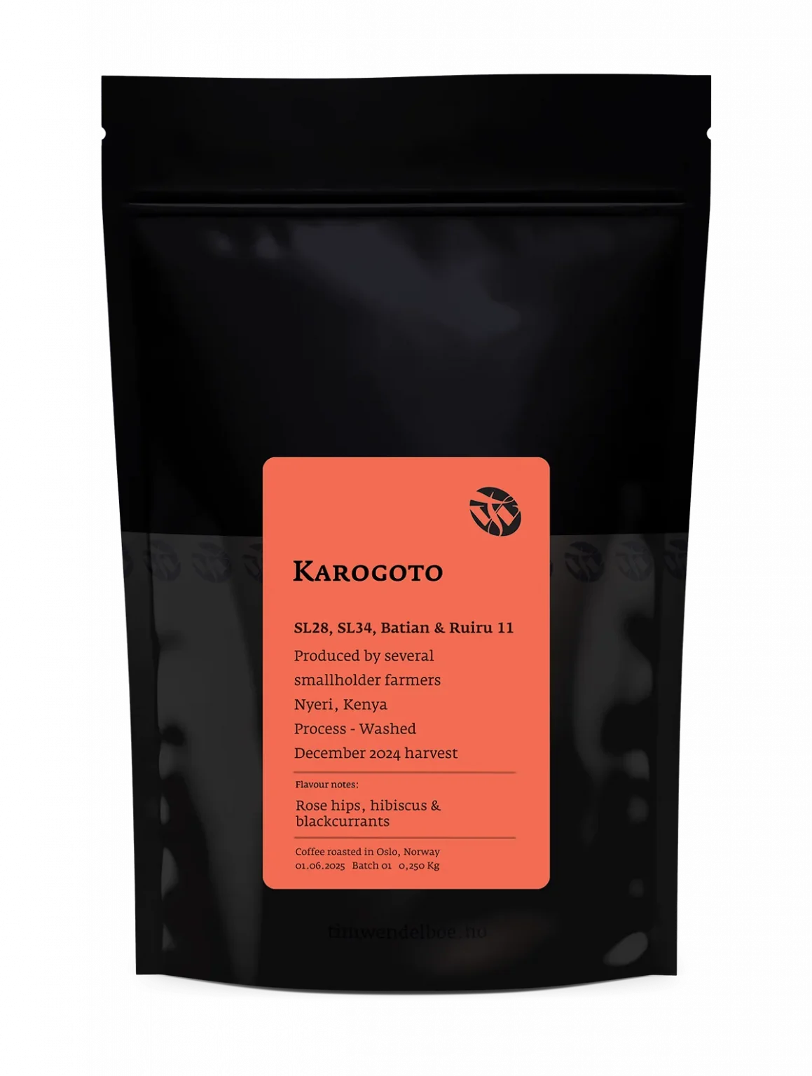 Black coffee bag with a red label featuring 'Karogoto' branding on a white background